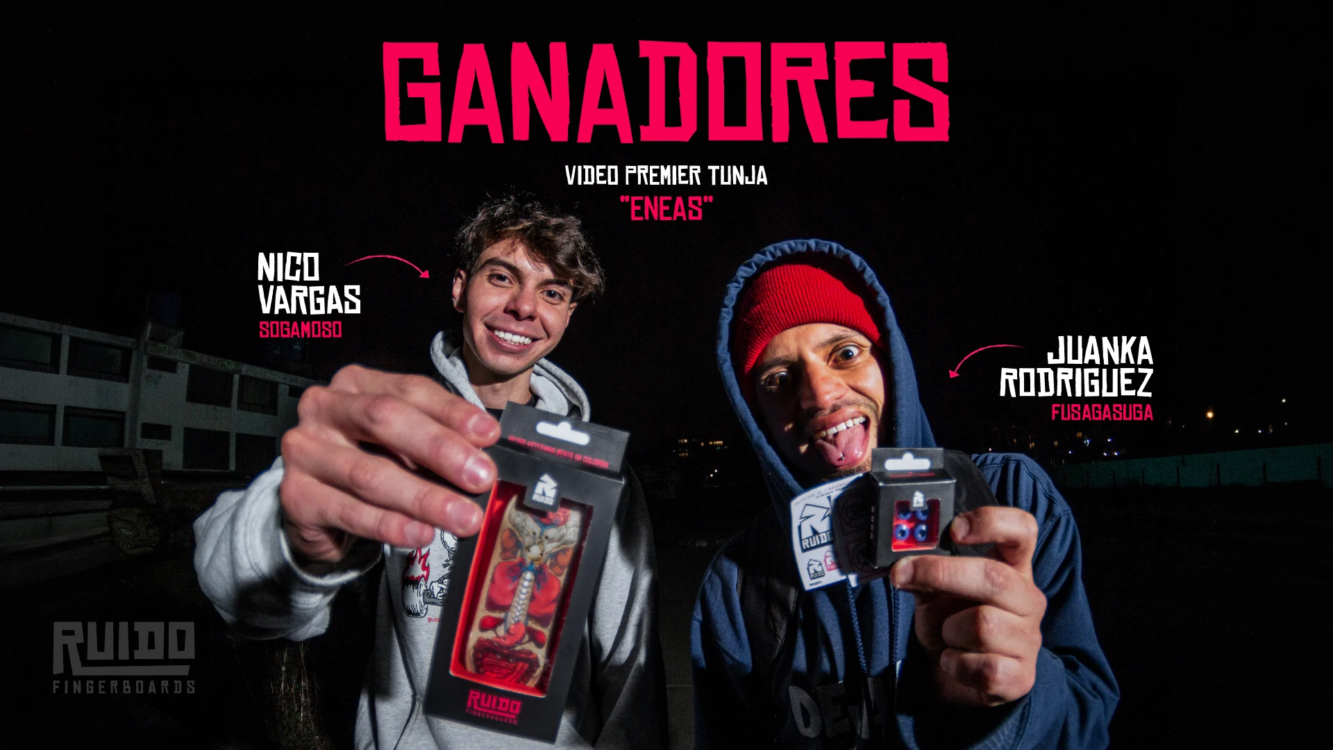 Ganadores. Video premier Tunja "Eneas": Nico Vargas (Sogamoso) y Juanka Rodríguez (Fusagasugá).