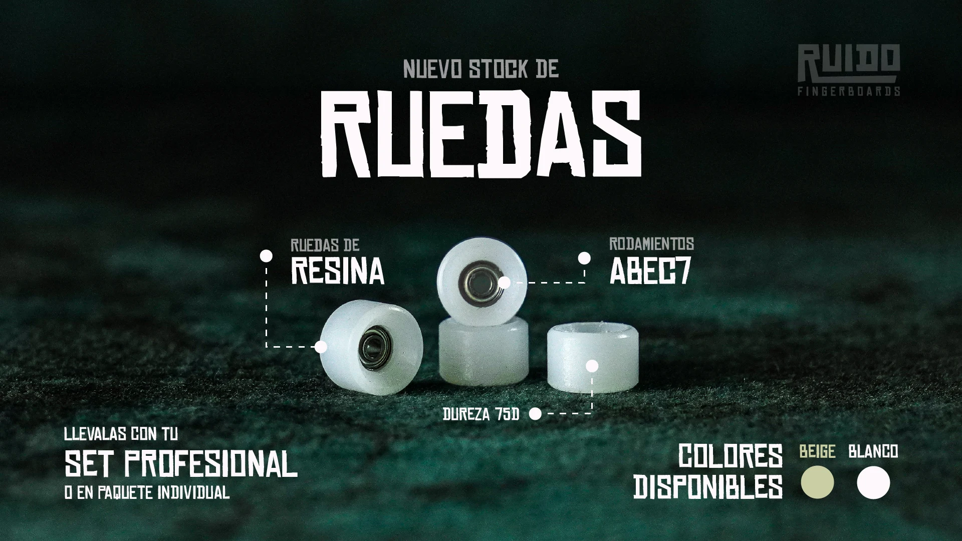 Nuevo stock de ruedas de resina con rodamientos ABEC7. Colores disponibles: beige y blanco.